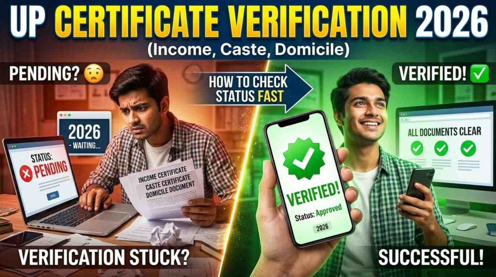 UP Income Caste Domicile Certificate, UP income certificate verification, UP caste certificate check, UP domicile certificate online verify, certificate verification 2026, free job alert